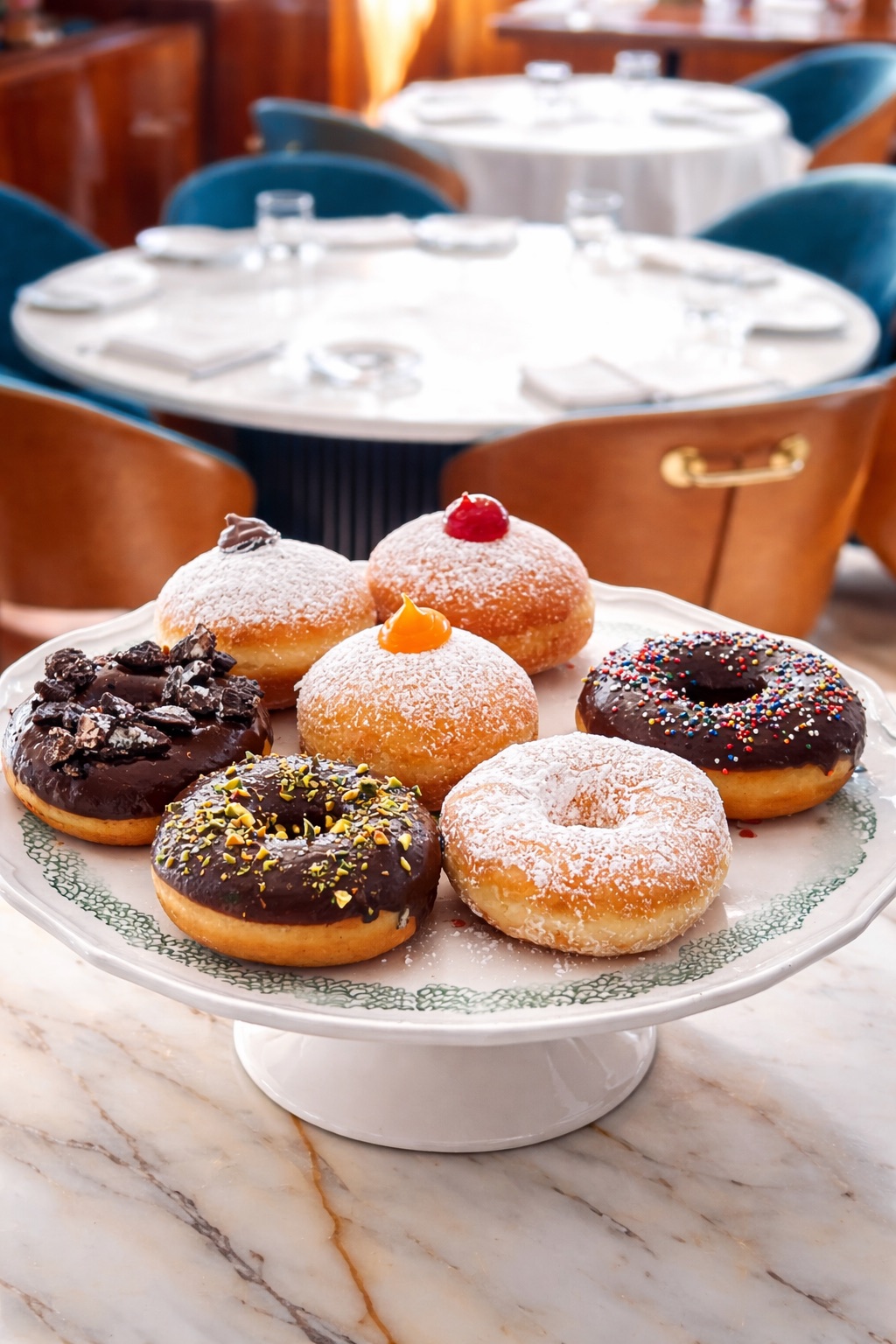 Assorted donuts on a cake stand in a fine-dining room