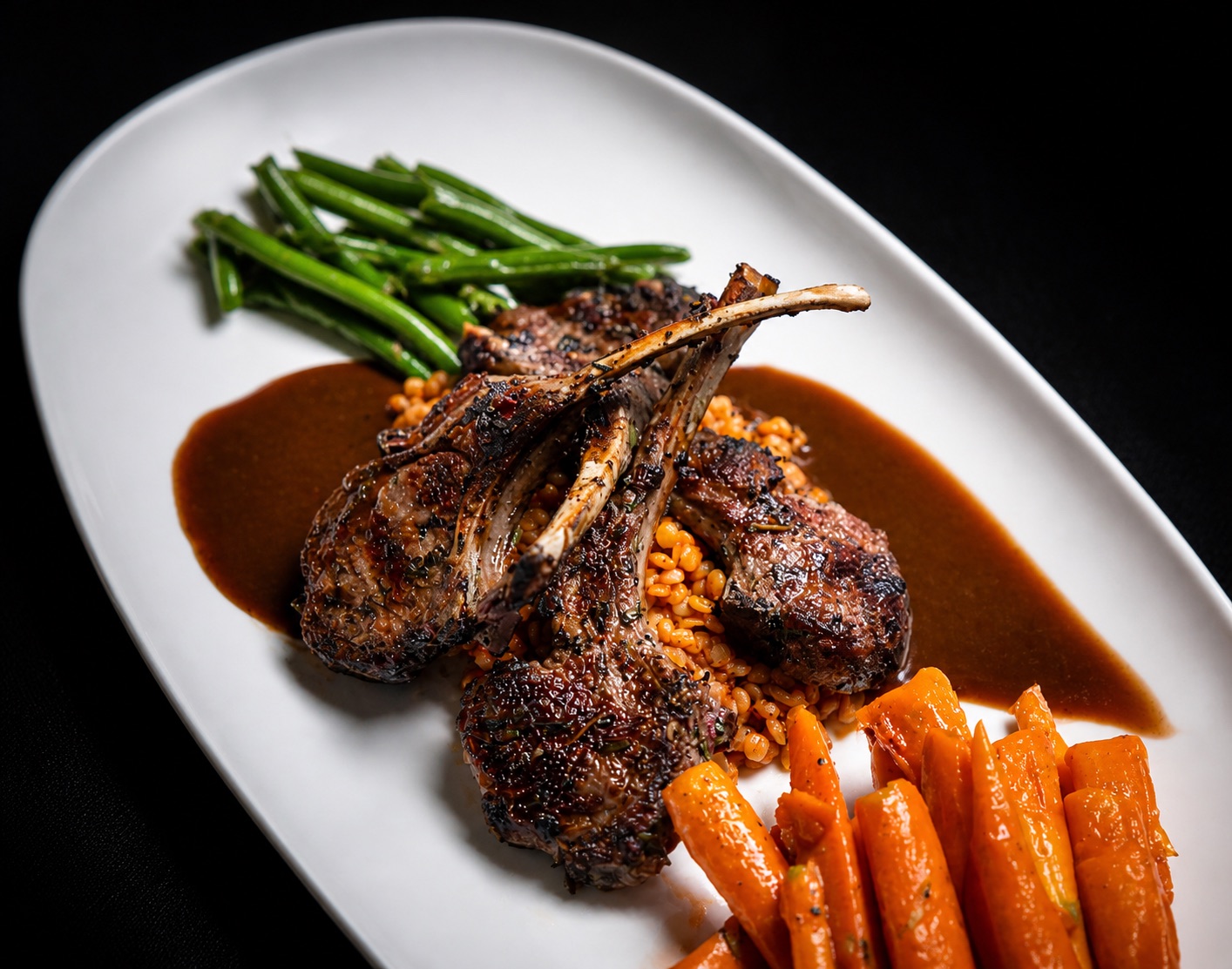 Grilled lamb chops with green beans and roasted carrots